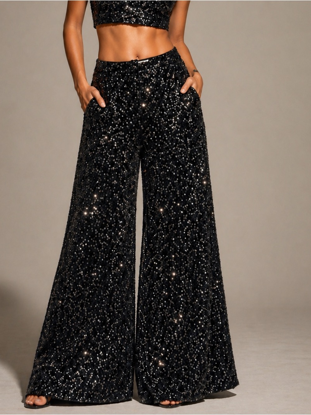 FAERIESTY, Bring Velvet Bling! Black Sequin X-Wide-Leg Palazzo Pant,Size XS